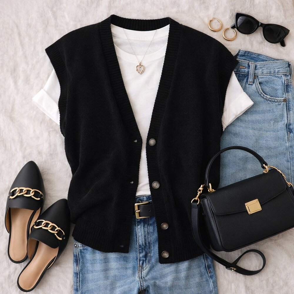 🧡 Black Knit Button Front Sweater Vest Size M